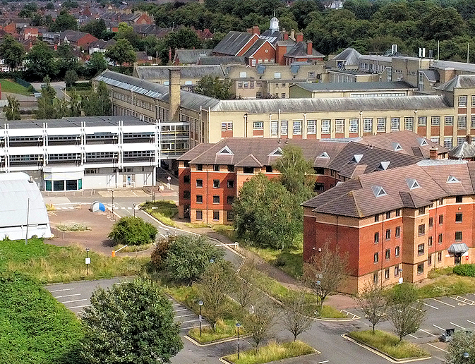 View showing various campus buildings from the air