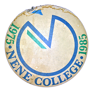 Round sticker commemmorating ten years of Nene College in 1985