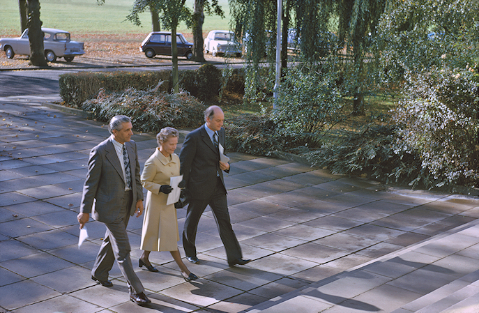 Three people walk towards Avenue Campus, with the Racecourse park in the distance