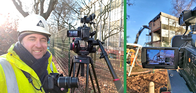 A video camera records the Maidwell infill being demolished